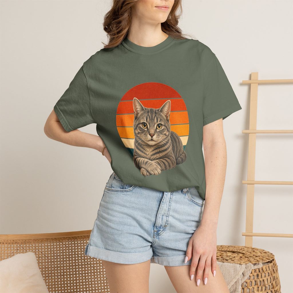 PawJoy Grey Tabby Cat Retro Sunset Tee