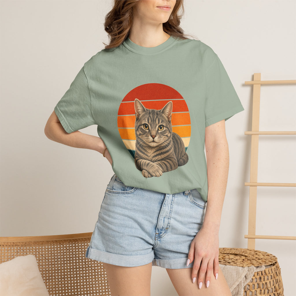 PawJoy Grey Tabby Cat Retro Sunset Tee