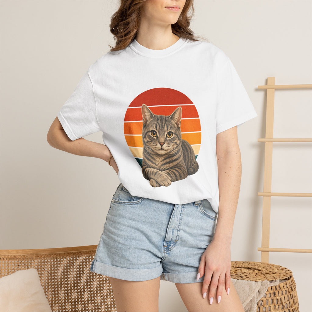 PawJoy Grey Tabby Cat Retro Sunset Tee