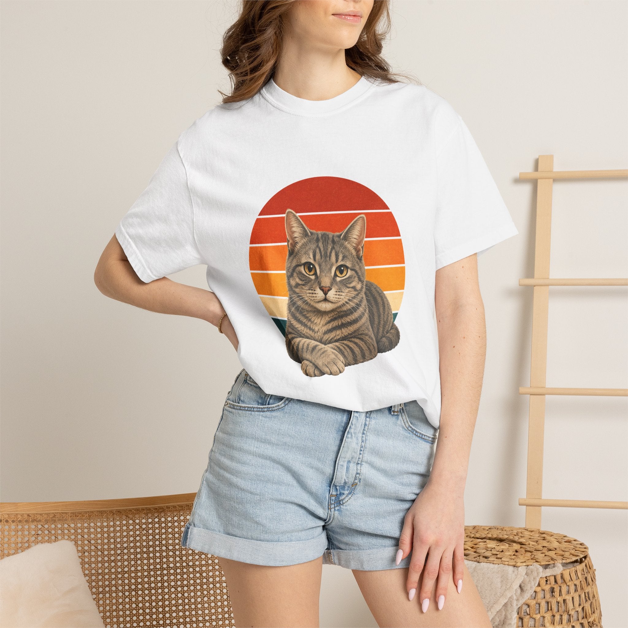 PawJoy Grey Tabby Cat Retro Sunset Tee