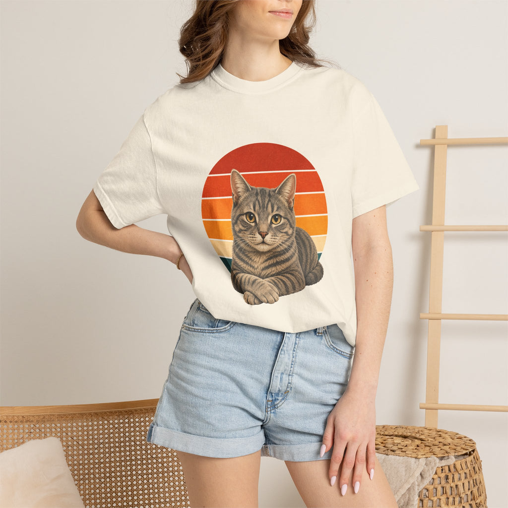 PawJoy Grey Tabby Cat Retro Sunset Tee