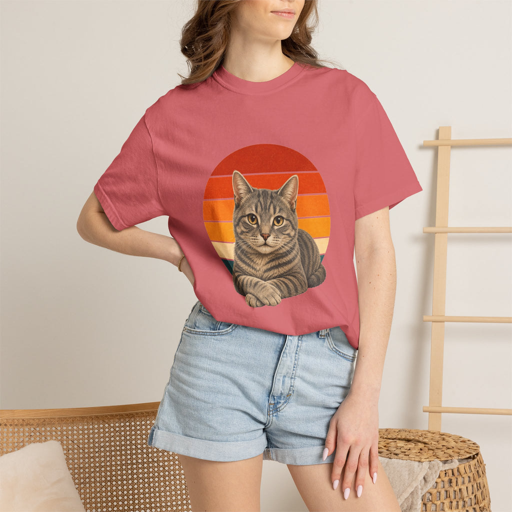 PawJoy Grey Tabby Cat Retro Sunset Tee
