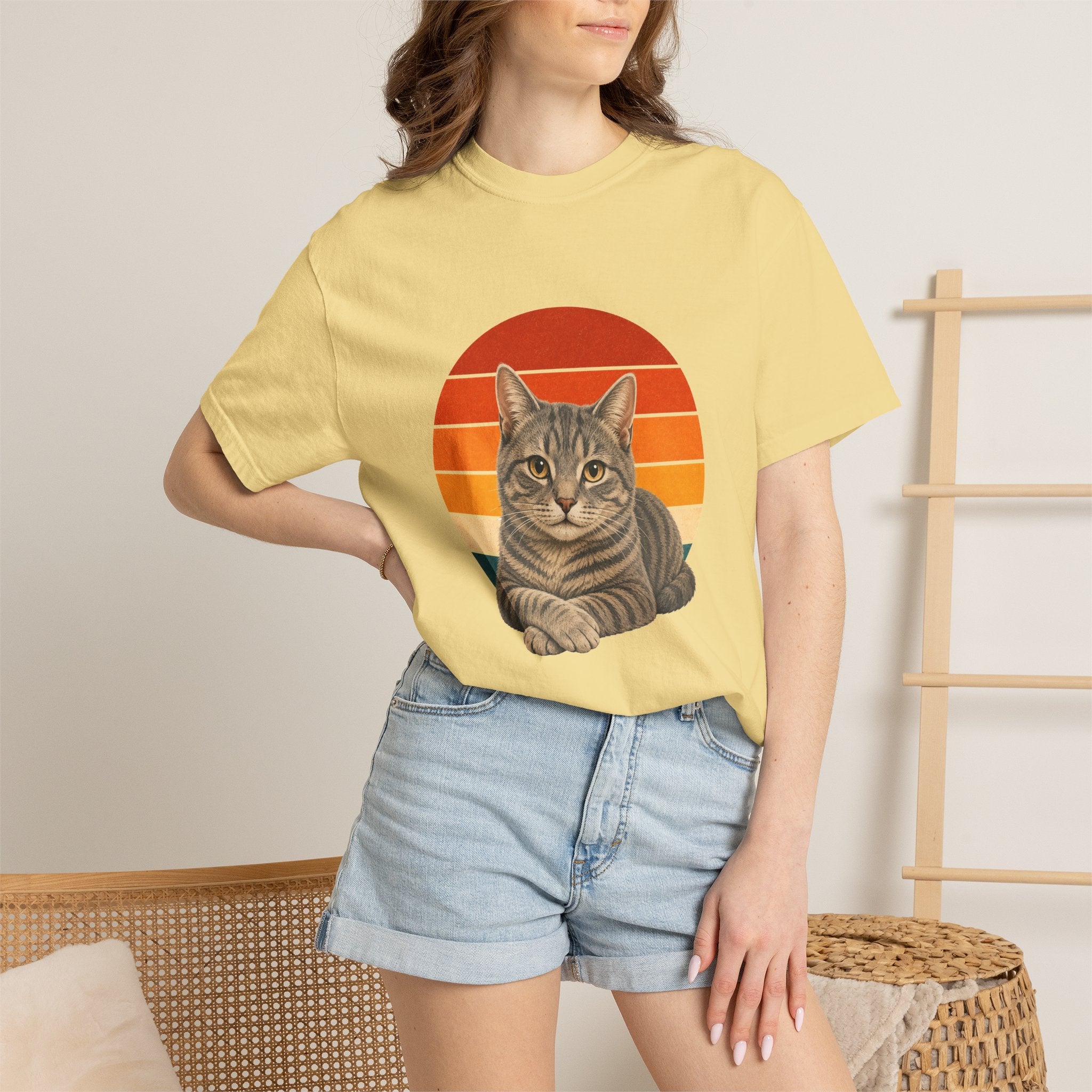 PawJoy Grey Tabby Cat Retro Sunset Tee