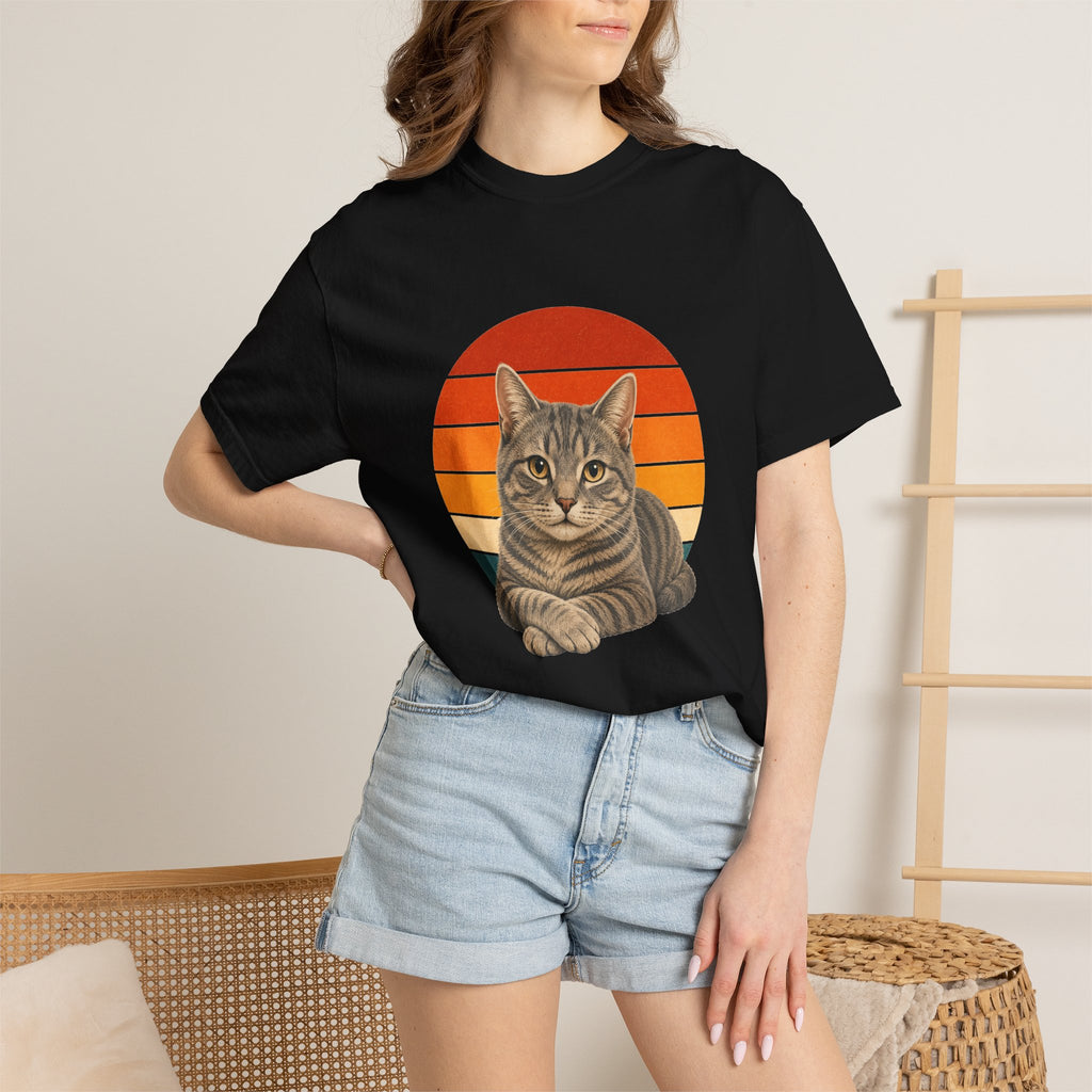 PawJoy Grey Tabby Cat Retro Sunset Tee