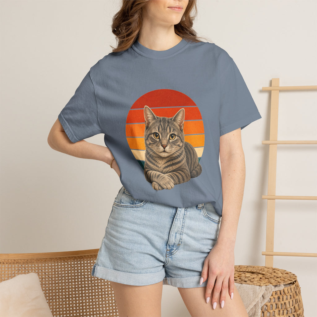 PawJoy Grey Tabby Cat Retro Sunset Tee
